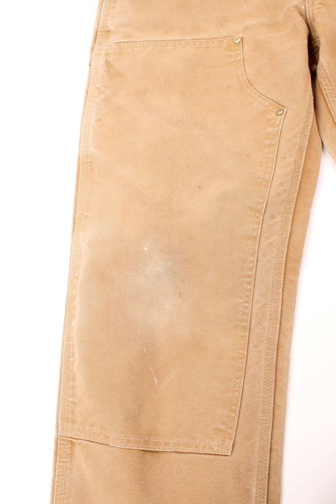 Vintage Carhartt Double Knee Trousers in a tan colourway, multiple pockets and has the logo embroidered on the back.