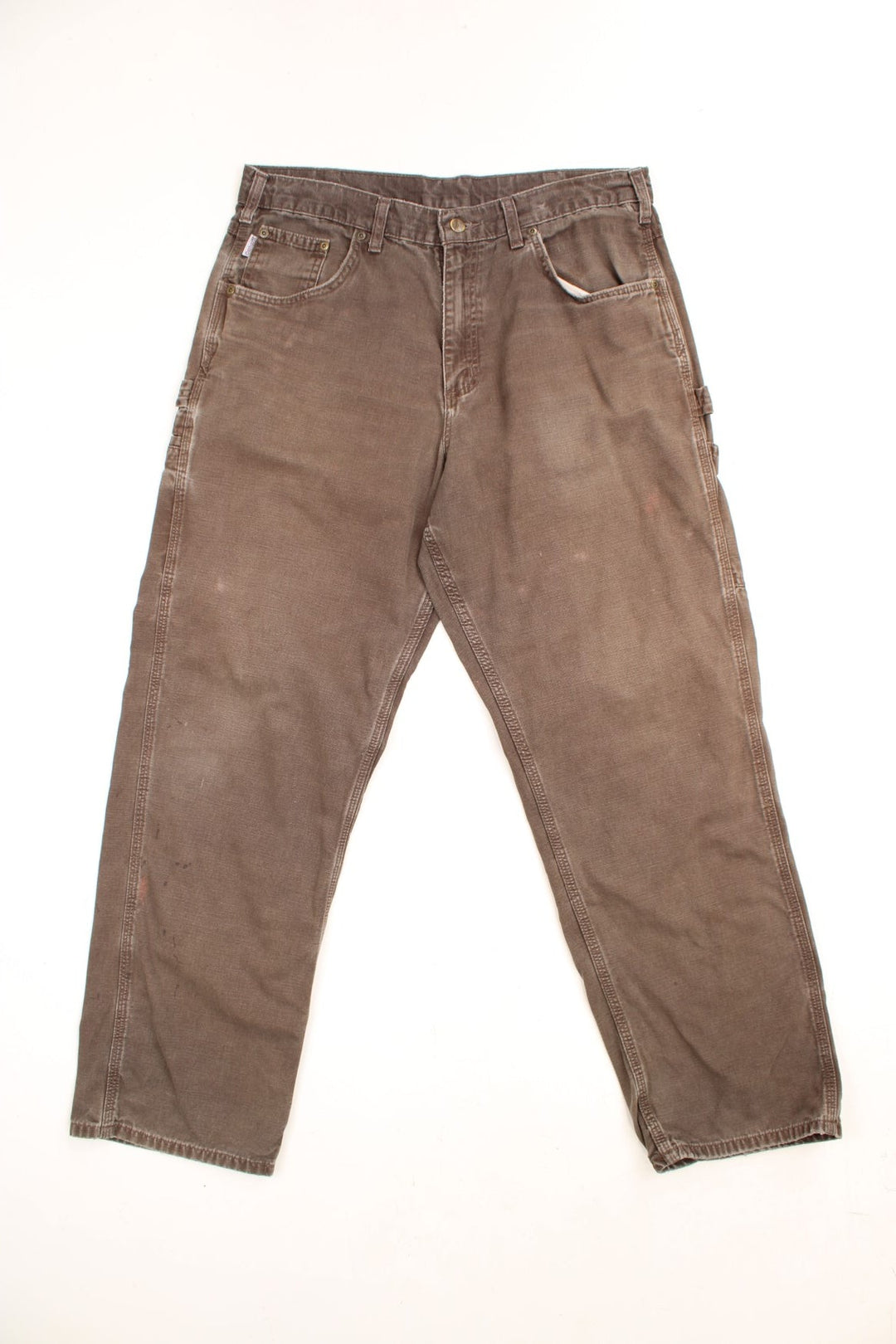 Carhartt Carpenter Jeans in a faded brown colourway, has multiple pockets and the logo embroidered on the back. 