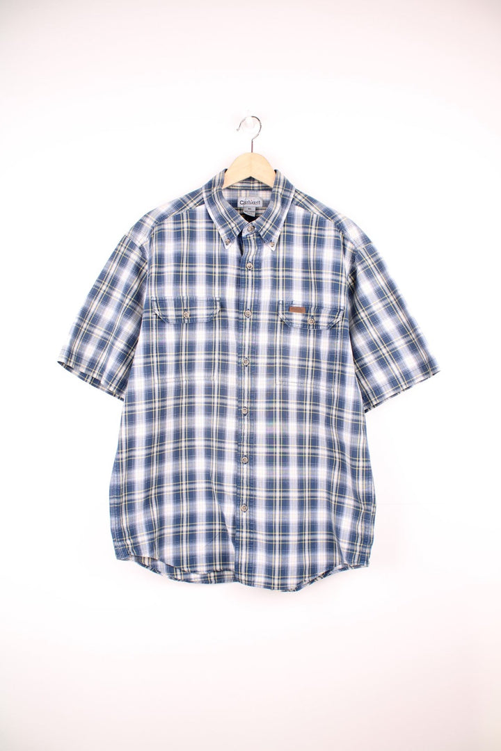 Blue, white and yellow, Carhartt button through plaid shirt. Features chest pockets and embroidered leather logo. 