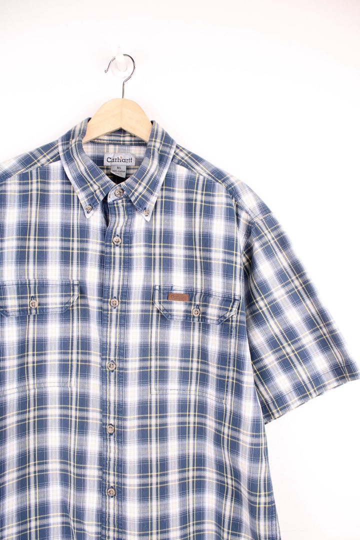 Blue, white and yellow, Carhartt button through plaid shirt. Features chest pockets and embroidered leather logo. 