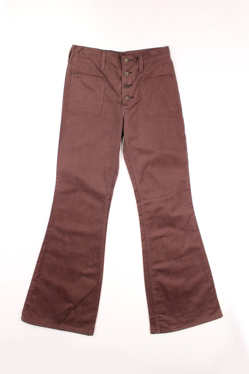 Vintage 1960s/70s Wrangler deadstock 'Blue Bell' brown cotton, button up flared trousers with signature logo on the back 