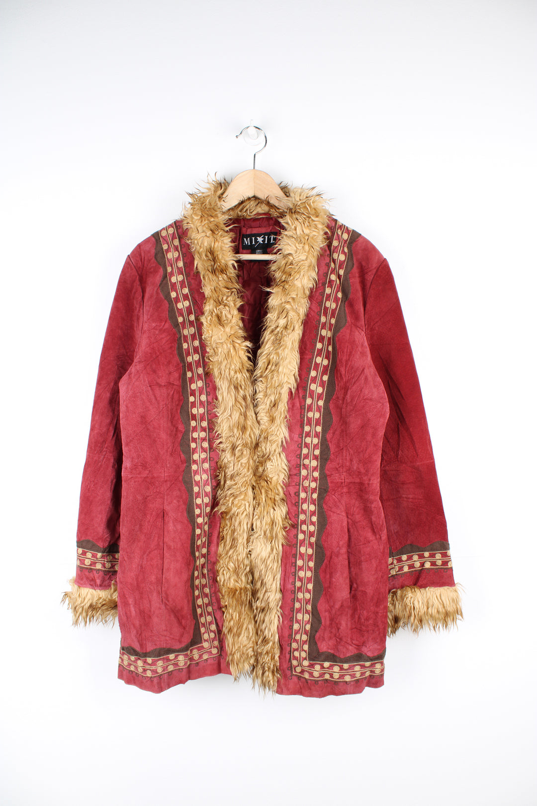 Y2K red suede Afghan coat with embroidered details, quilted lining and hook and eye closures. By Mix it.