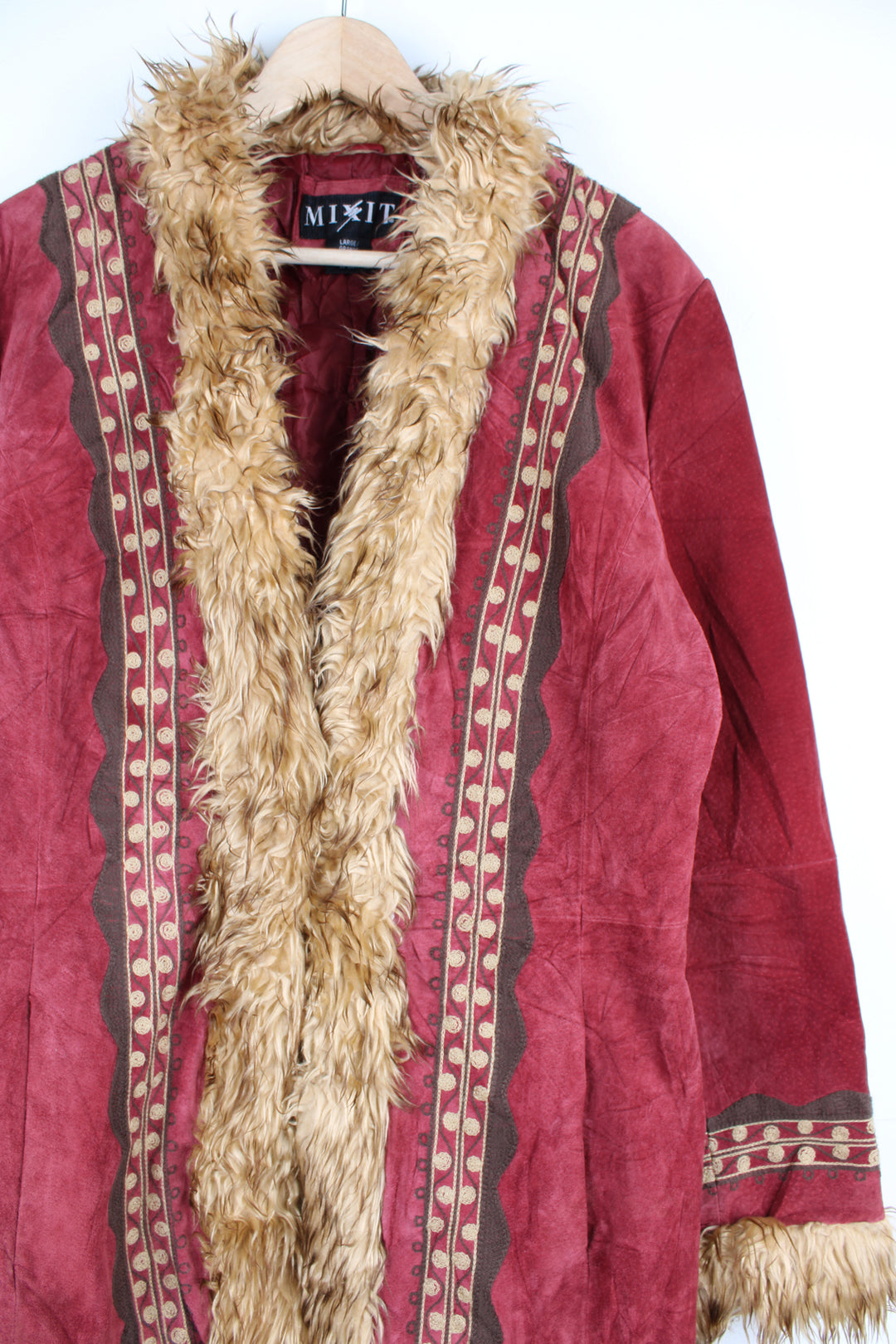 Y2K red suede Afghan coat with embroidered details, quilted lining and hook and eye closures. By Mix it.