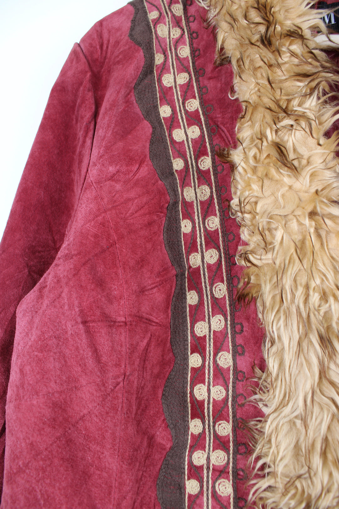 Y2K red suede Afghan coat with embroidered details, quilted lining and hook and eye closures. By Mix it.