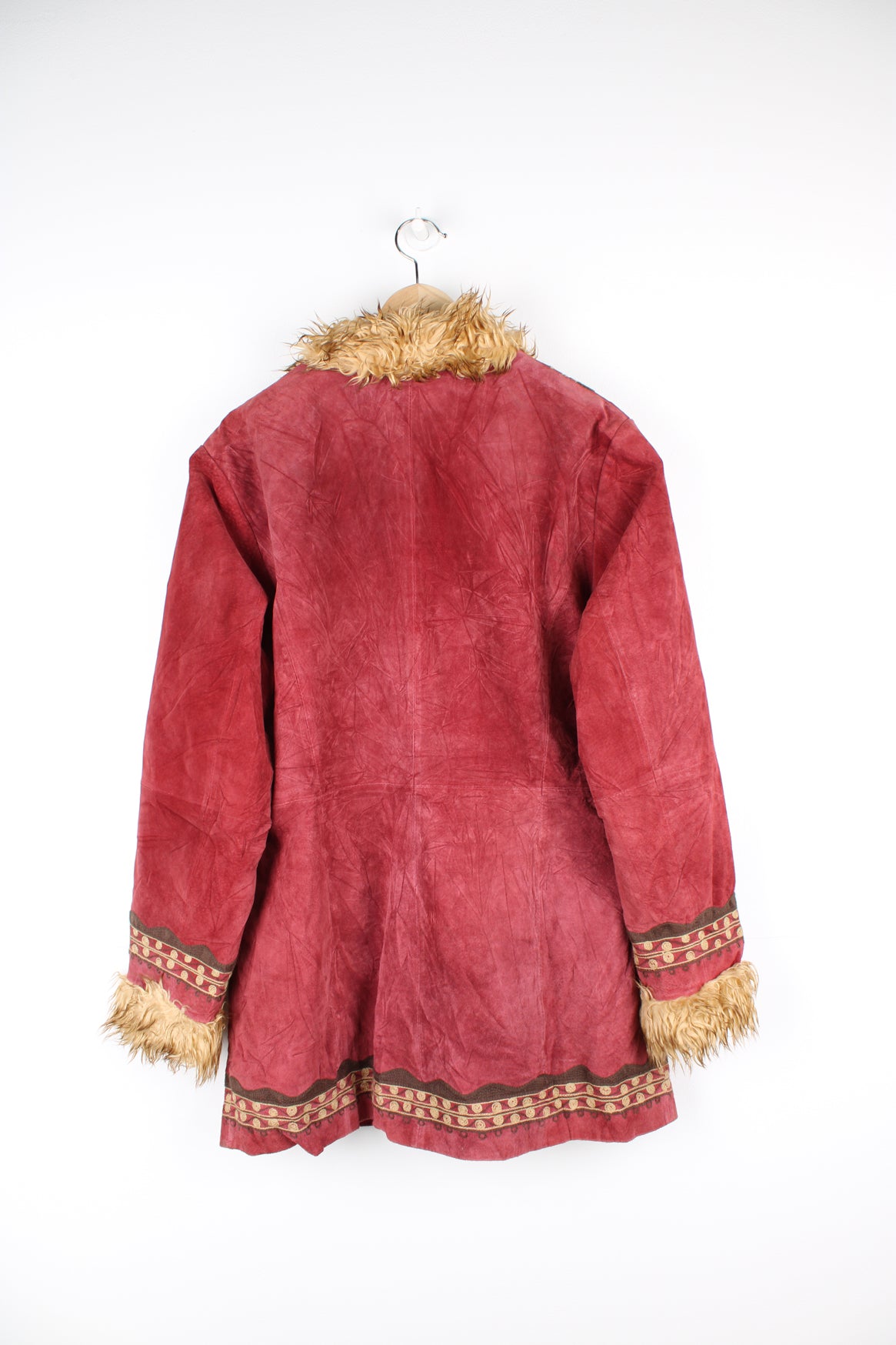 Y2K red suede Afghan coat with embroidered details, quilted lining and hook and eye closures. By Mix it.