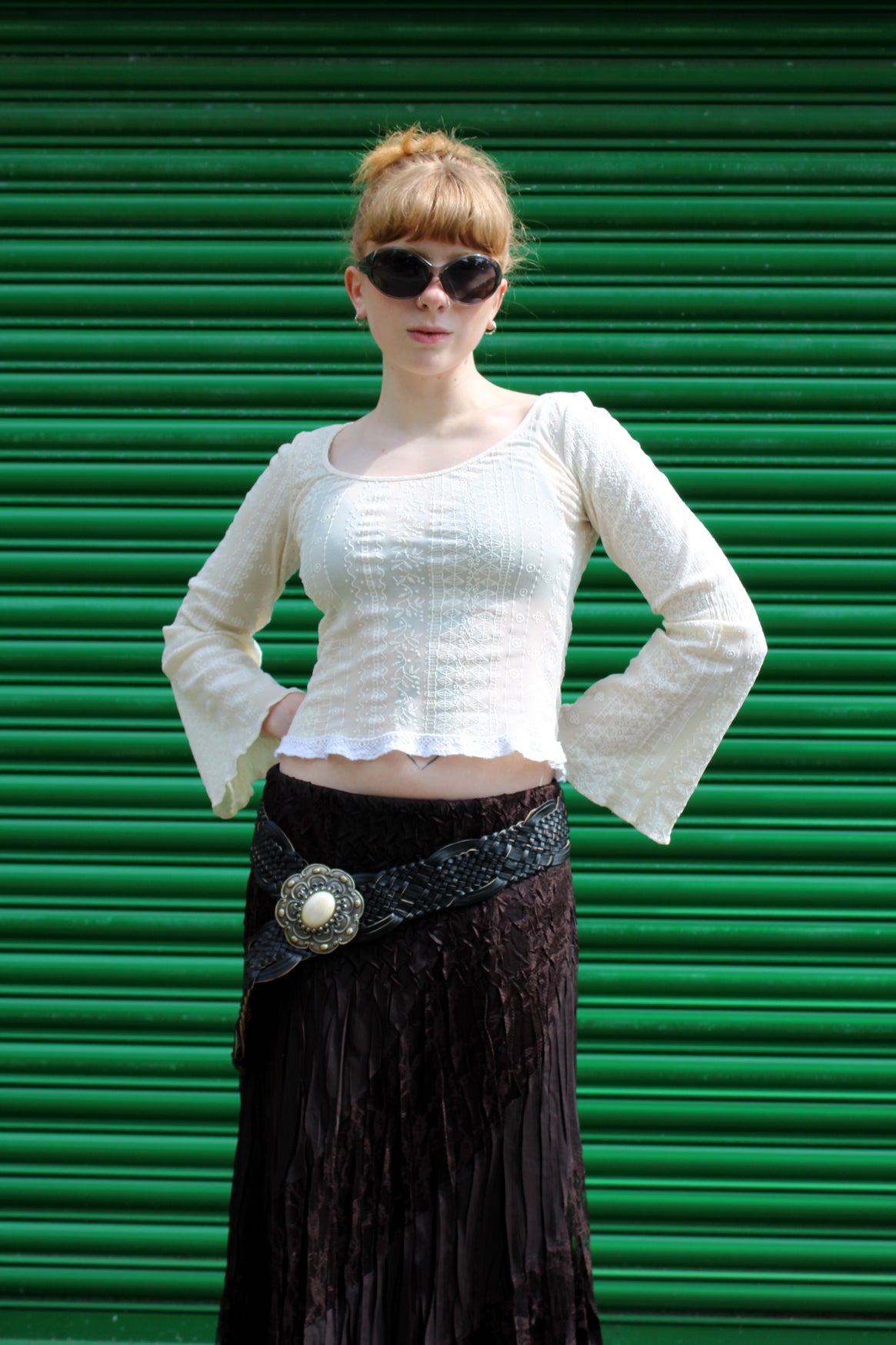 Bohemian style brown pleated maxi skirt with lace detailing