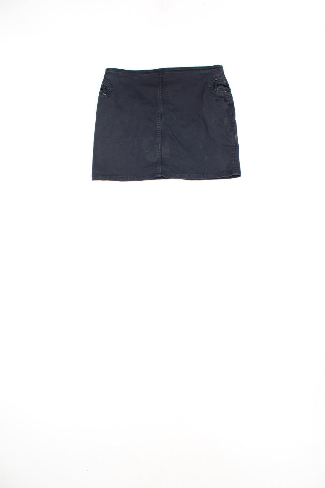 DKNY black denim mini skirt with lace-up pockets and front zip and button closure.