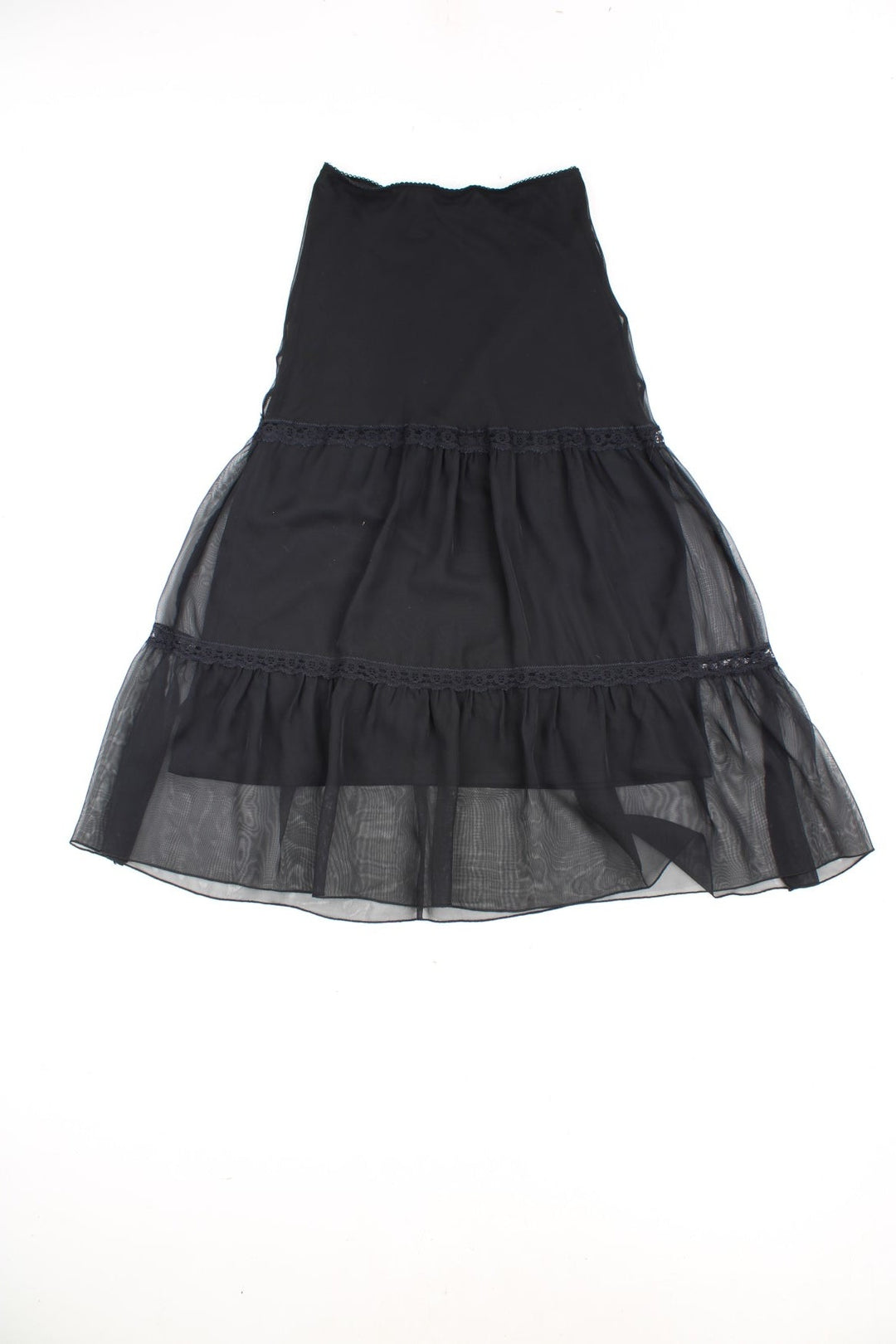 New Look black floaty mesh tiered midi skirt with lace detailing.