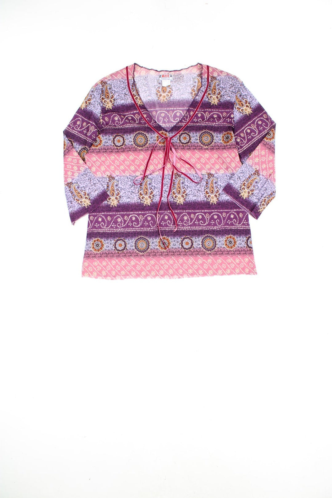 Rainbow Collection v-neck pink and purple paisley patterned blouse with cropped sleeves and a velvet bow.