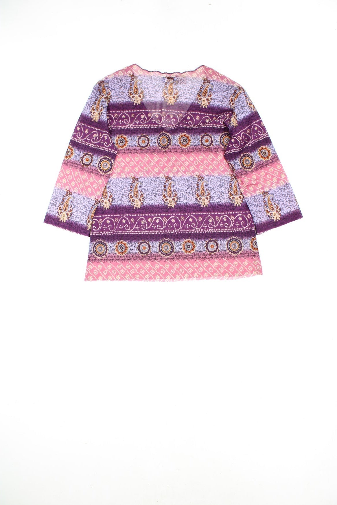 Rainbow Collection v-neck pink and purple paisley patterned blouse with cropped sleeves and a velvet bow.