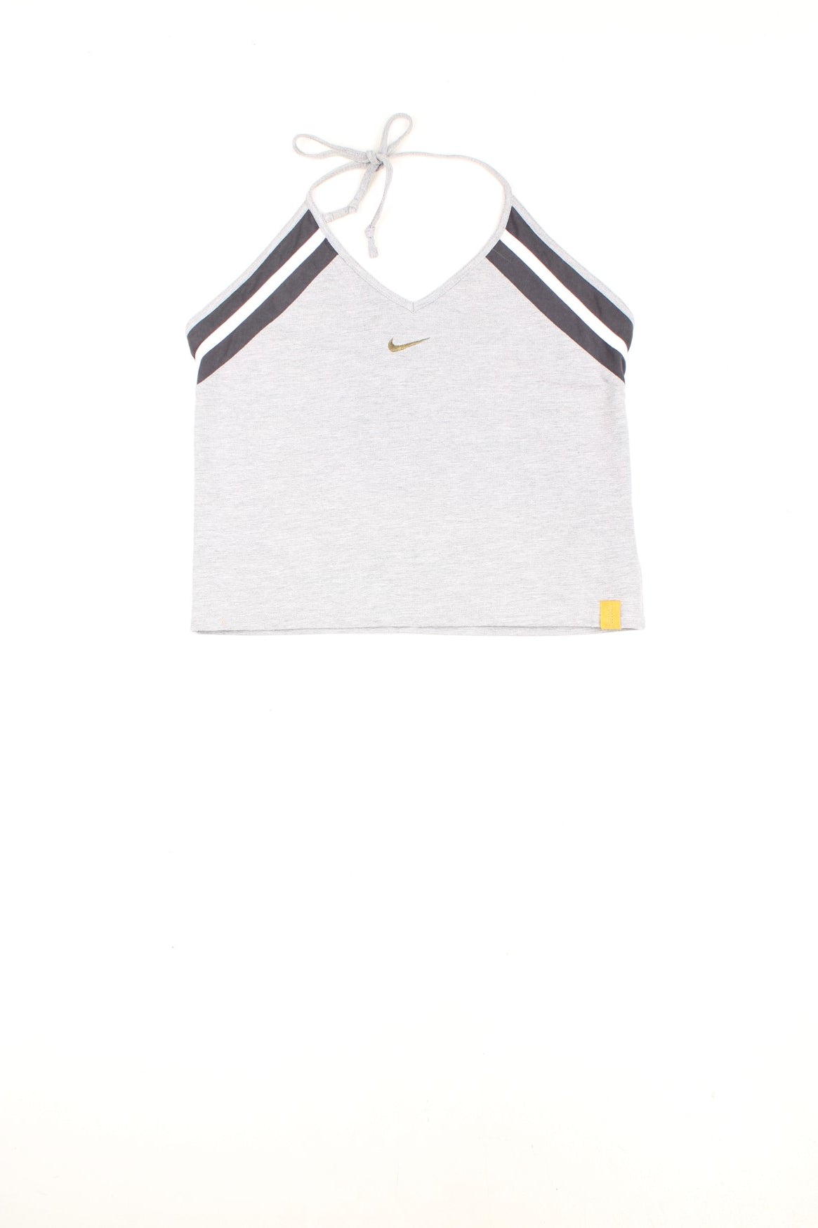 Nike grey tie-neck halter top with dark grey and white stripe detailing, Nike swoosh embroidered in gold, and a yellow spellout &