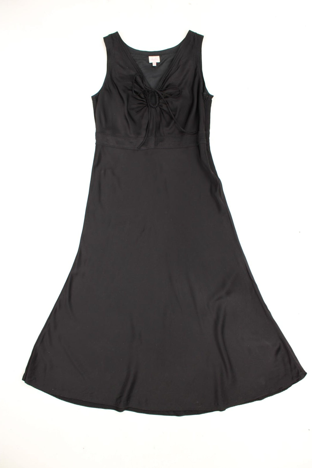 2000s Whistles black maxi dress with a round chest cutout, ruching and a central ribbon detail. 