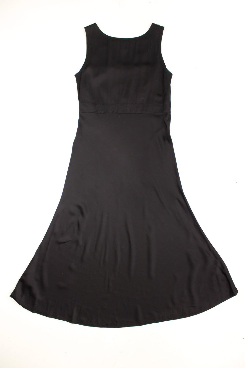 2000s Whistles black maxi dress with a round chest cutout, ruching and a central ribbon detail.