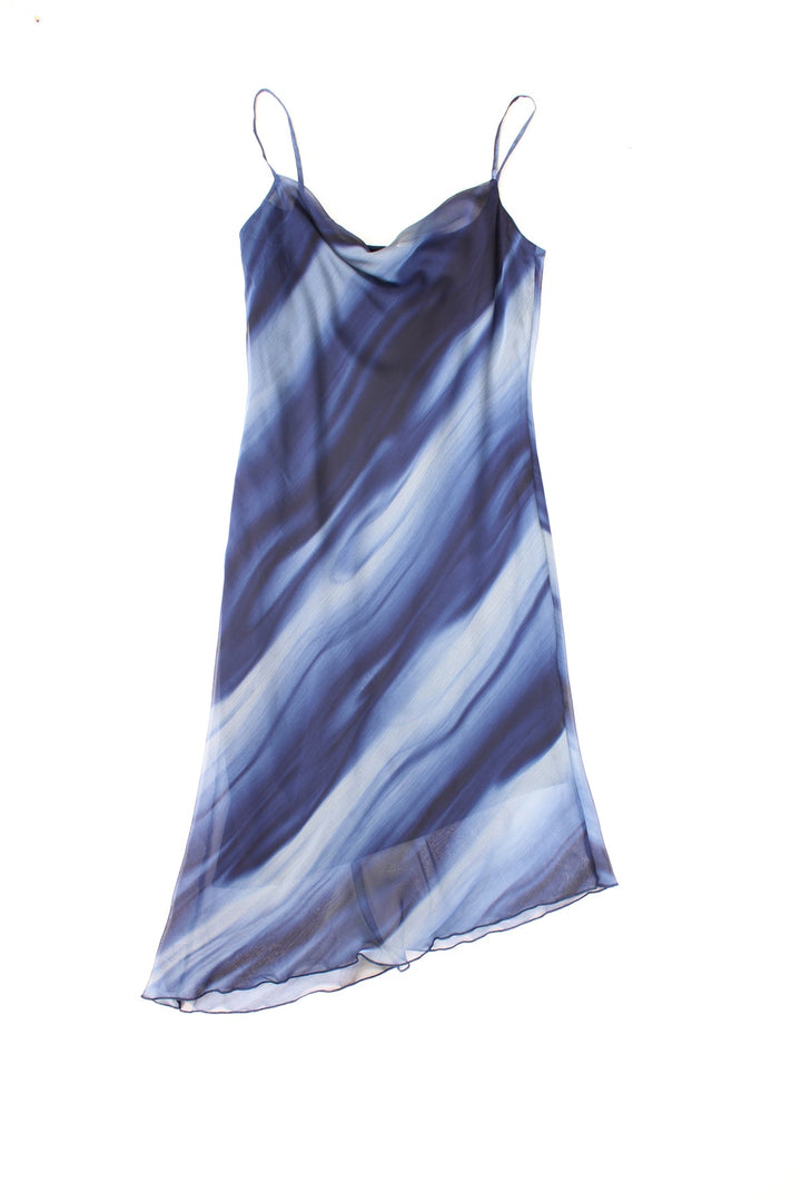 New Look blue patterned mesh dress slip - fully lined, with a cowl neck and an asymmetrical hem.