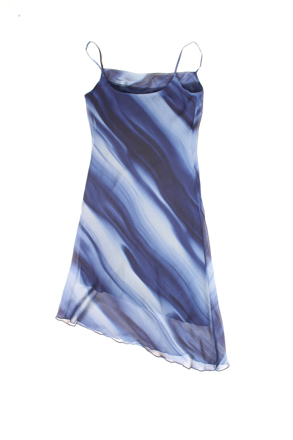 New Look blue patterned mesh dress slip - fully lined, with a cowl neck and an asymmetrical hem.