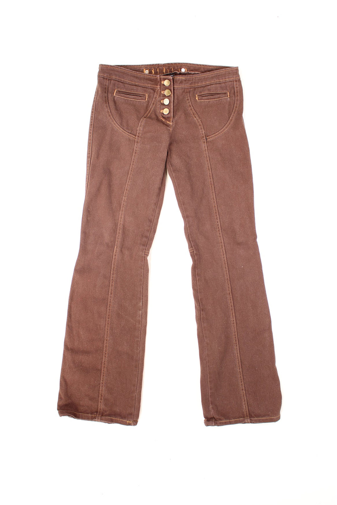 Y2K Brown flared low-rise jeans by Black Label with contrast stitching in tan, button closure, front pockets, and embellishment on the back (see photos).  