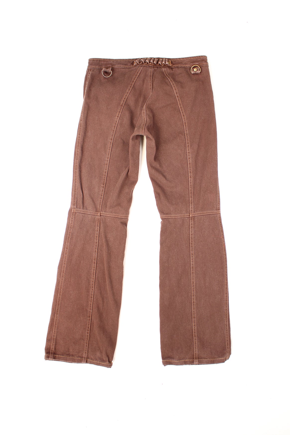 Y2K Brown flared low-rise jeans by Black Label with contrast stitching in tan, button closure, front pockets, and embellishment on the back (see photos).  