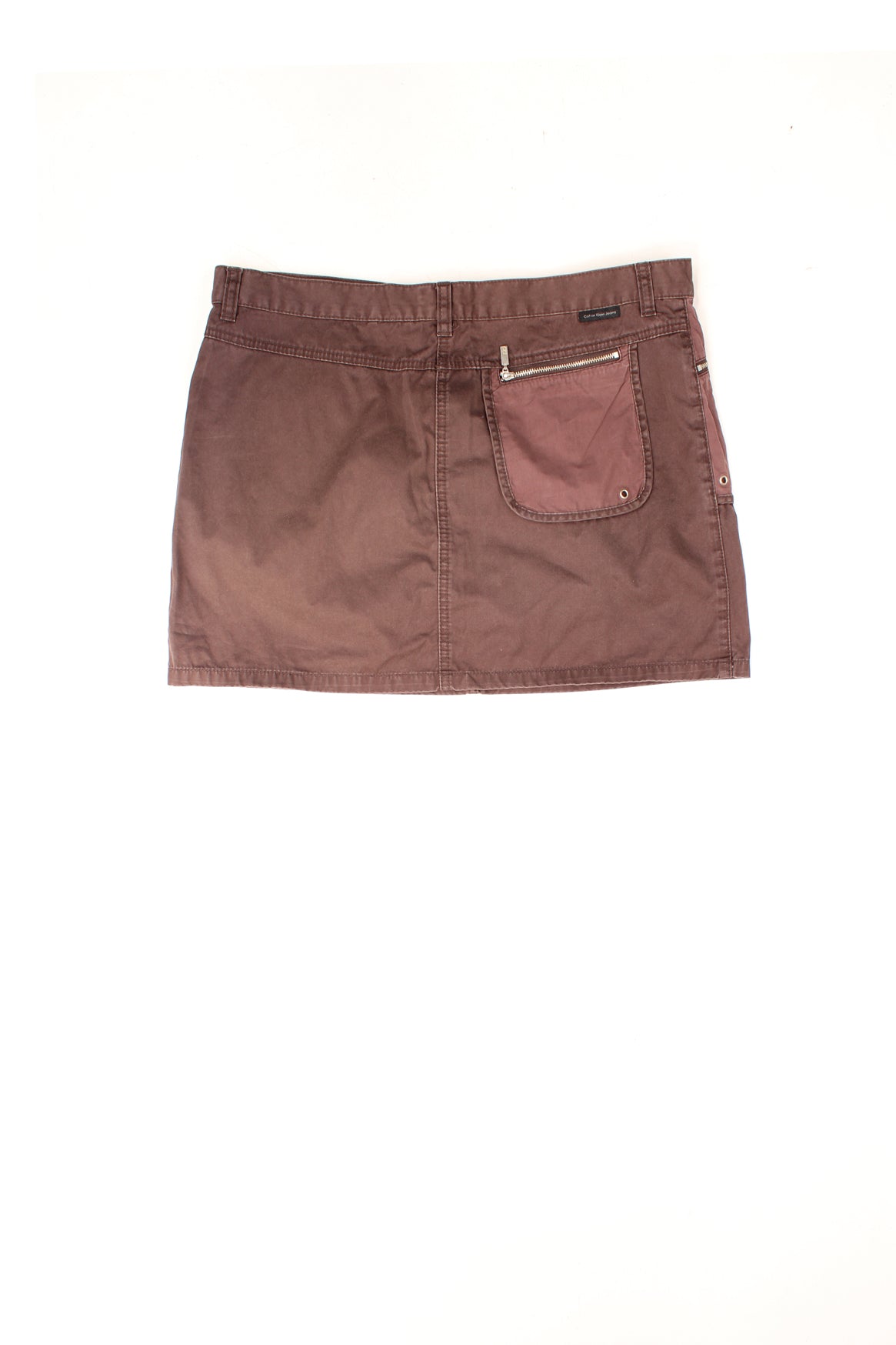 Calvin Klein brown denim skirt with 2 zip-close pockets on the front and one on the back right. &