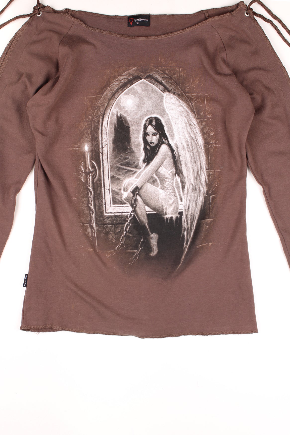 Y2K relaxed fit brown top by Spiraldirect.com with a wide neckline, tie-up sleeve cutouts, and a graphic of a crying angel.