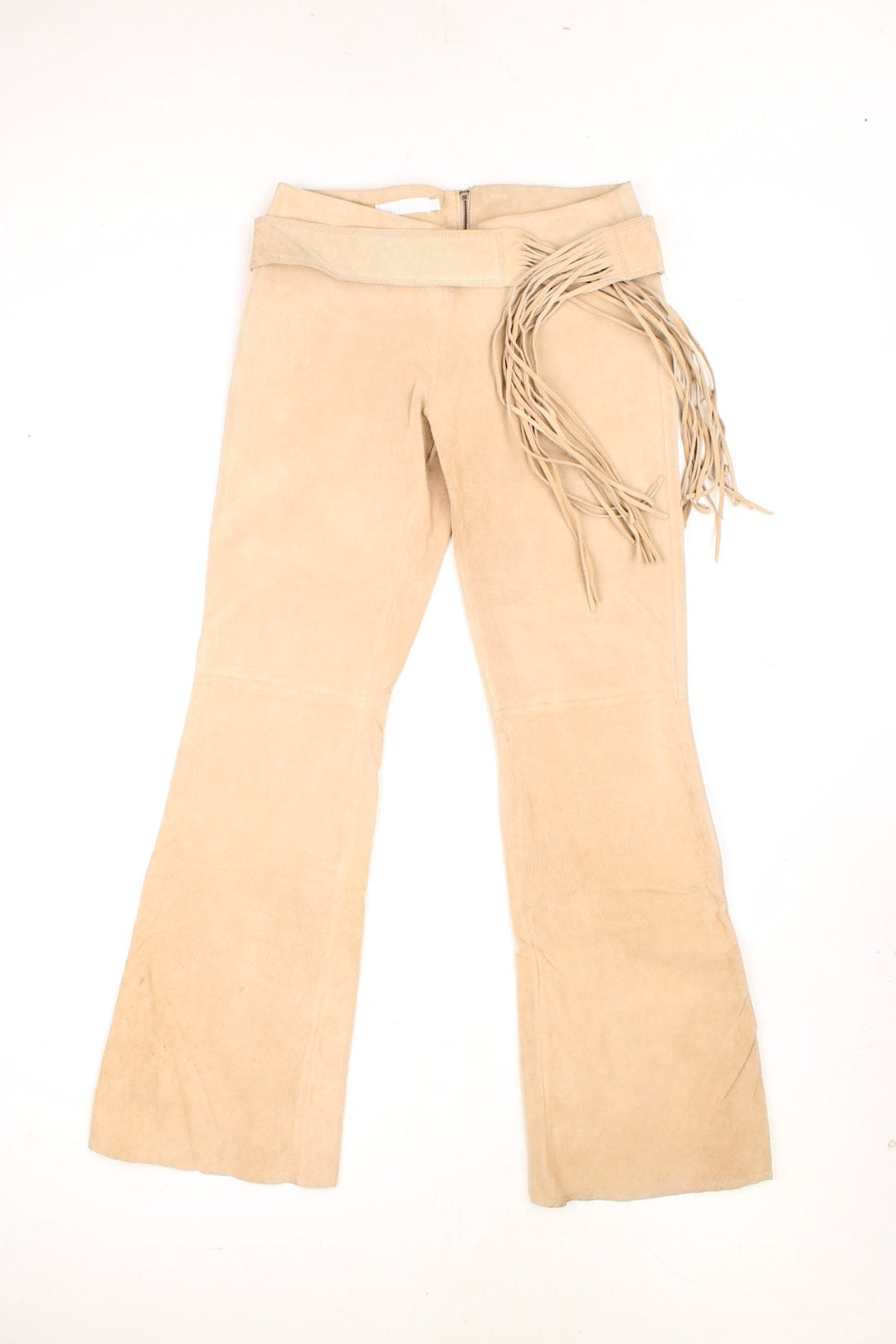 ICHI tan coloured suede flared pants with fringe belt and zip fastening. 