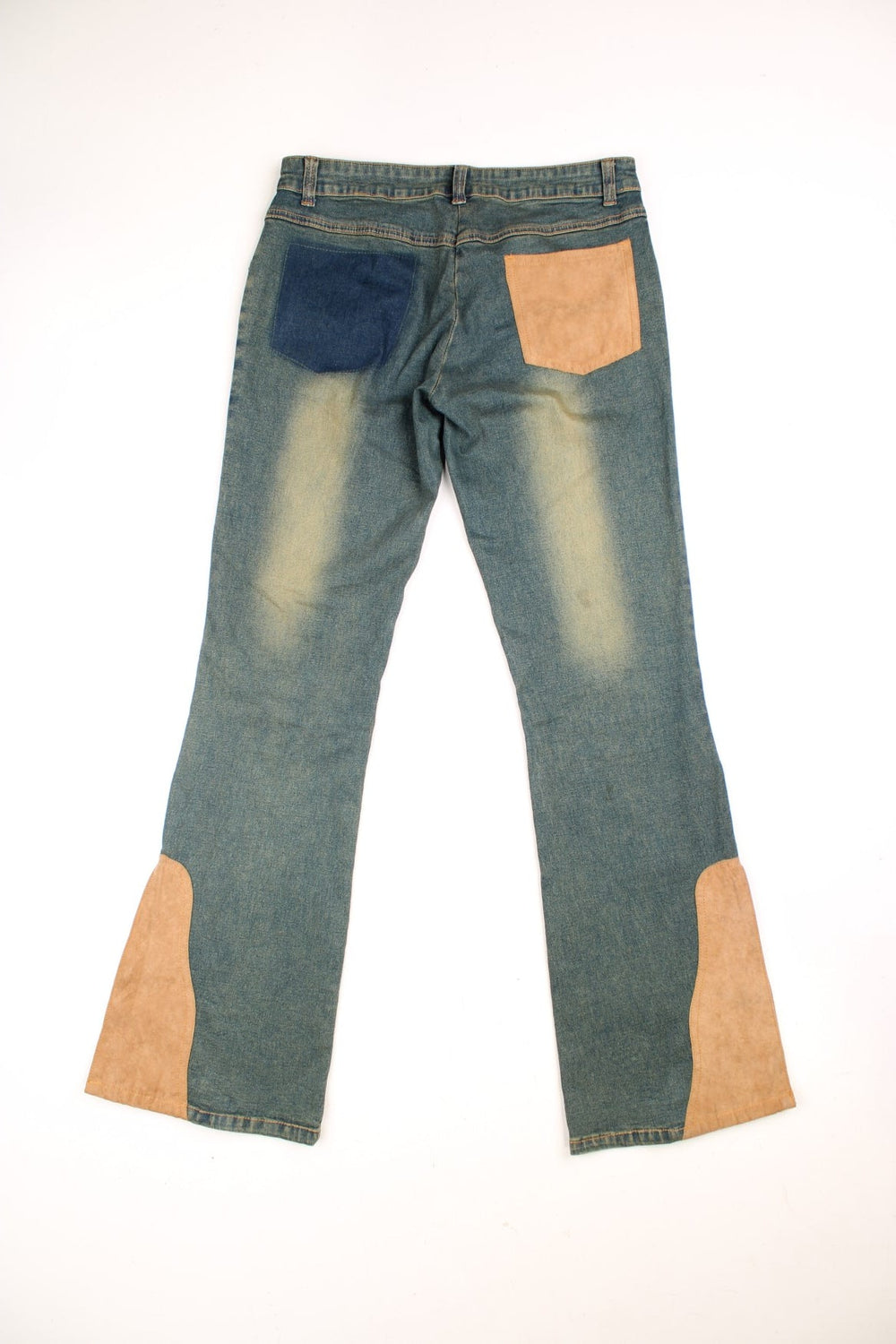 Y2K low rise slit flared jeans in a green-blue stonewash with three pockets and tan faux suede patches on the hem - by Too Hot.