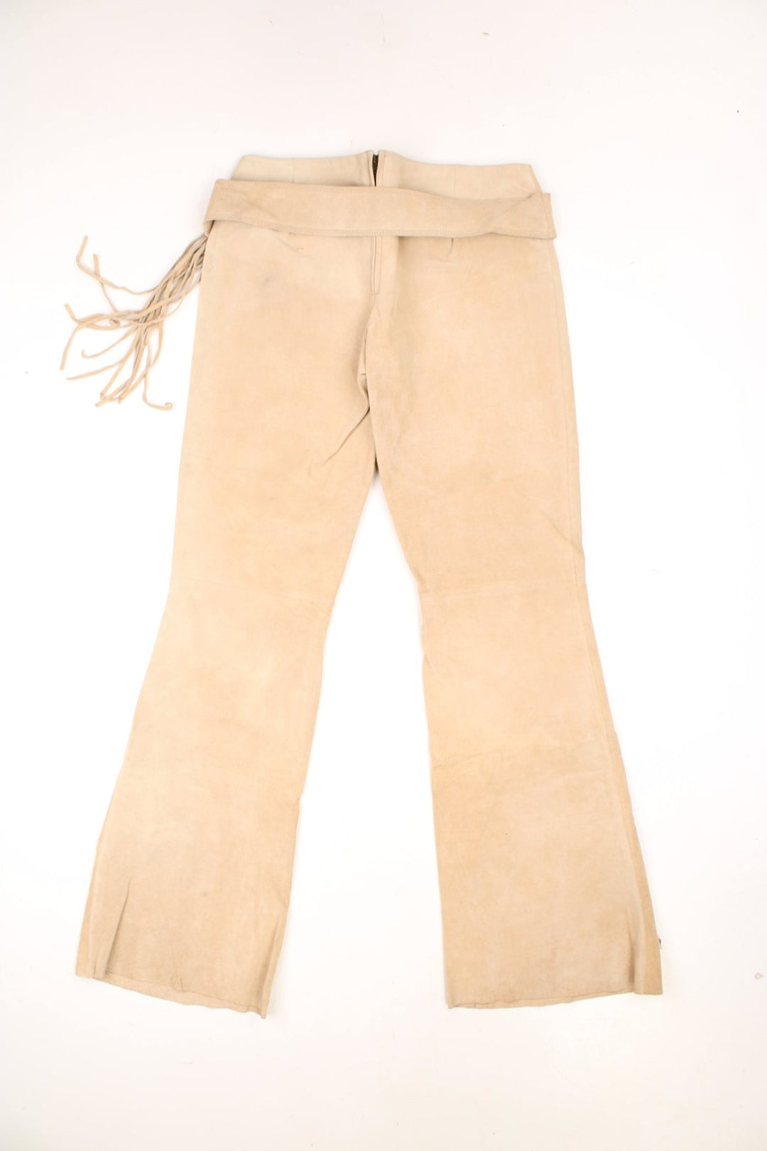 ICHI tan coloured suede flared pants with fringe belt and zip fastening. 