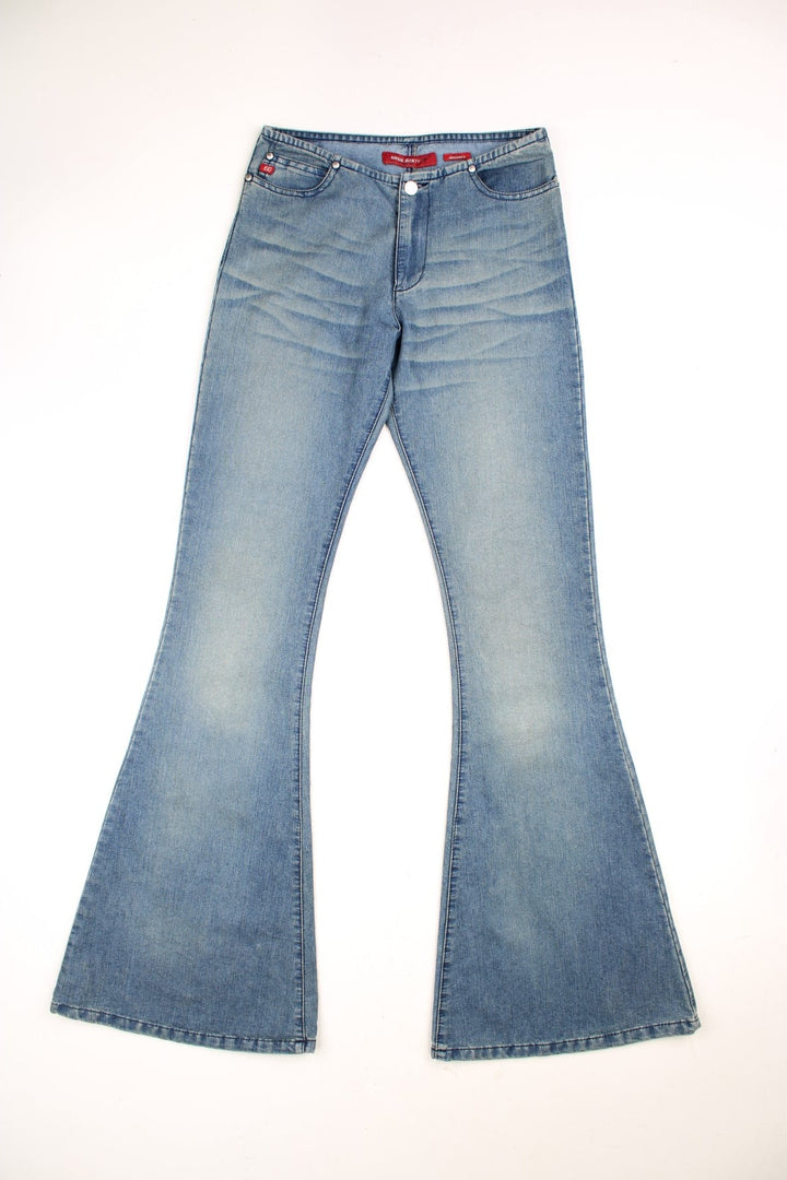 Miss Sixty 'Augusta' mid rise flared jeans in a faded light wash with two front pockets and a small red '60' tag. 