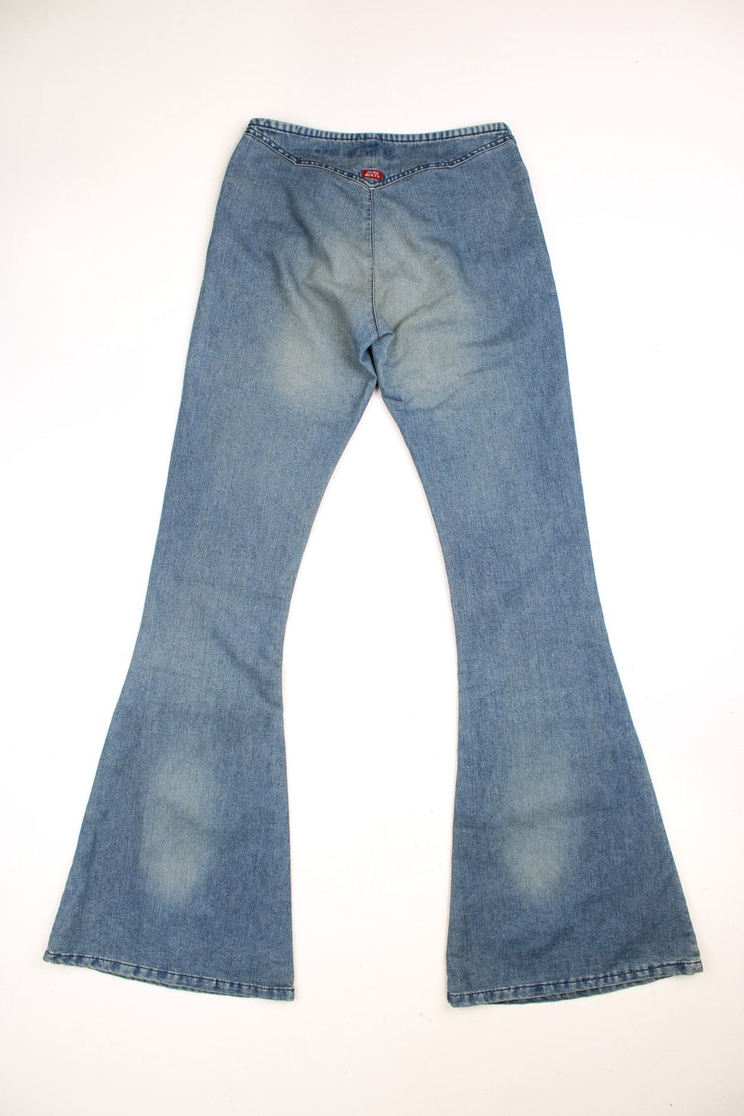 Miss Sixty 'Augusta' mid rise flared jeans in a faded light wash with two front pockets and a small red '60' tag. 