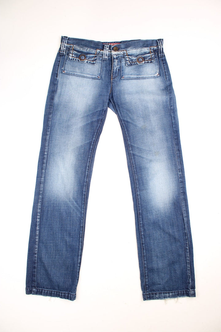 Miss Sixty 'Barbuda' straight leg jeans in a faded blue wash with four pockets, a branded tab on the reverse, and large circular snaps on the front pockets. 