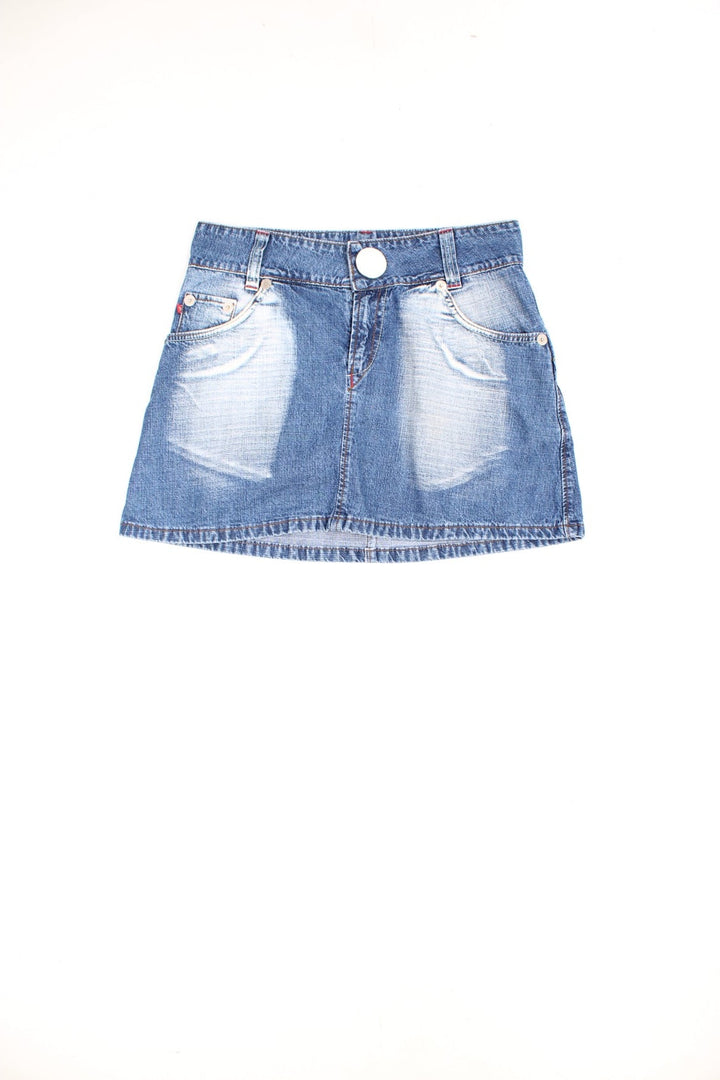 Miss Sixty denim mini skirt with acid wash fade, small embroidered logo on the back, and large button fastening with spell out logo engraved. 