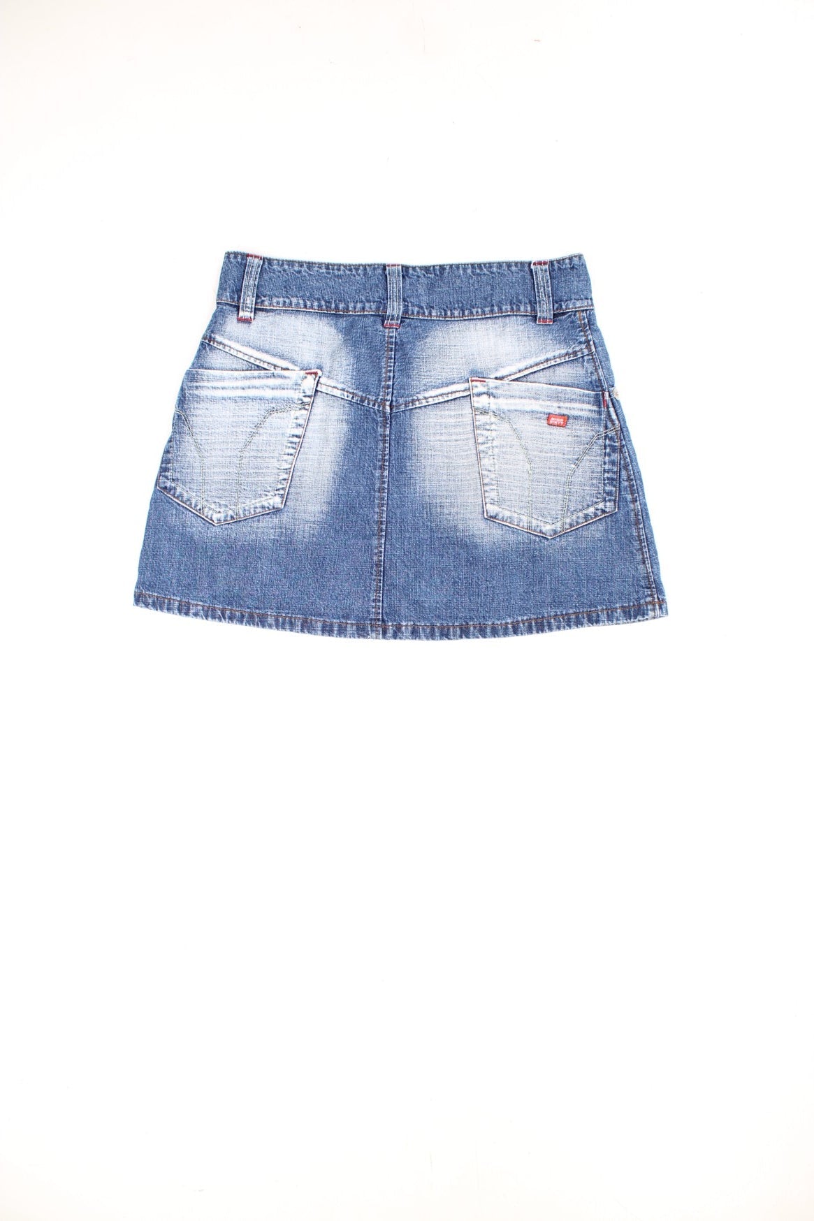 Miss Sixty denim mini skirt with acid wash fade, small embroidered logo on the back, and large button fastening with spell out logo engraved. 