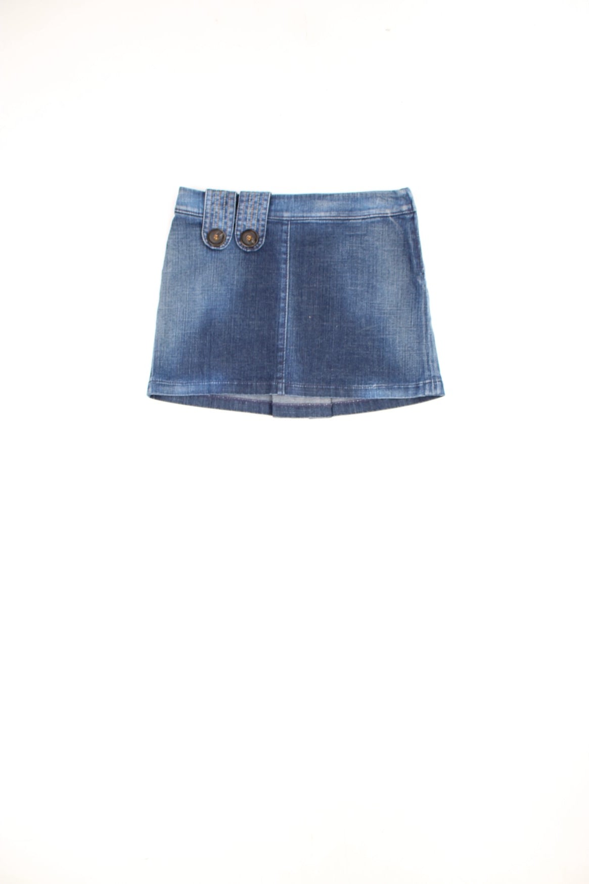 Miss Sixty low rise denim mini skirt with side zip, pleat on the back, embroidered logo and button feature. 