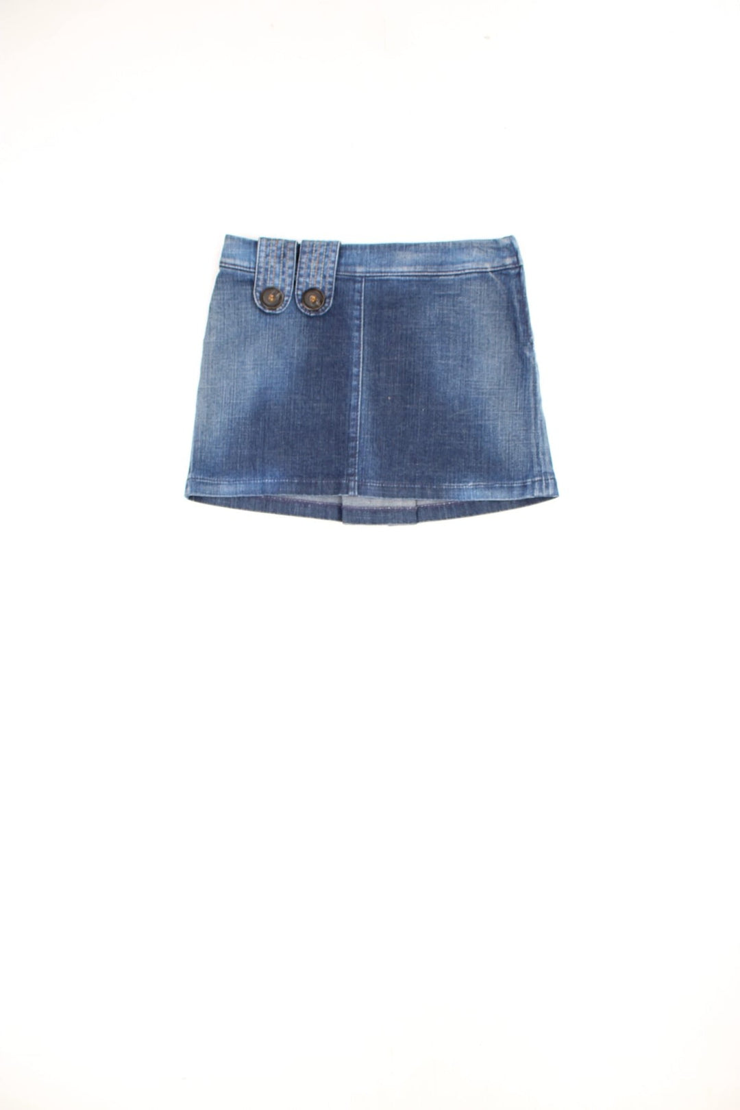 Miss Sixty low rise denim mini skirt with side zip, pleat on the back, embroidered logo and button feature. 