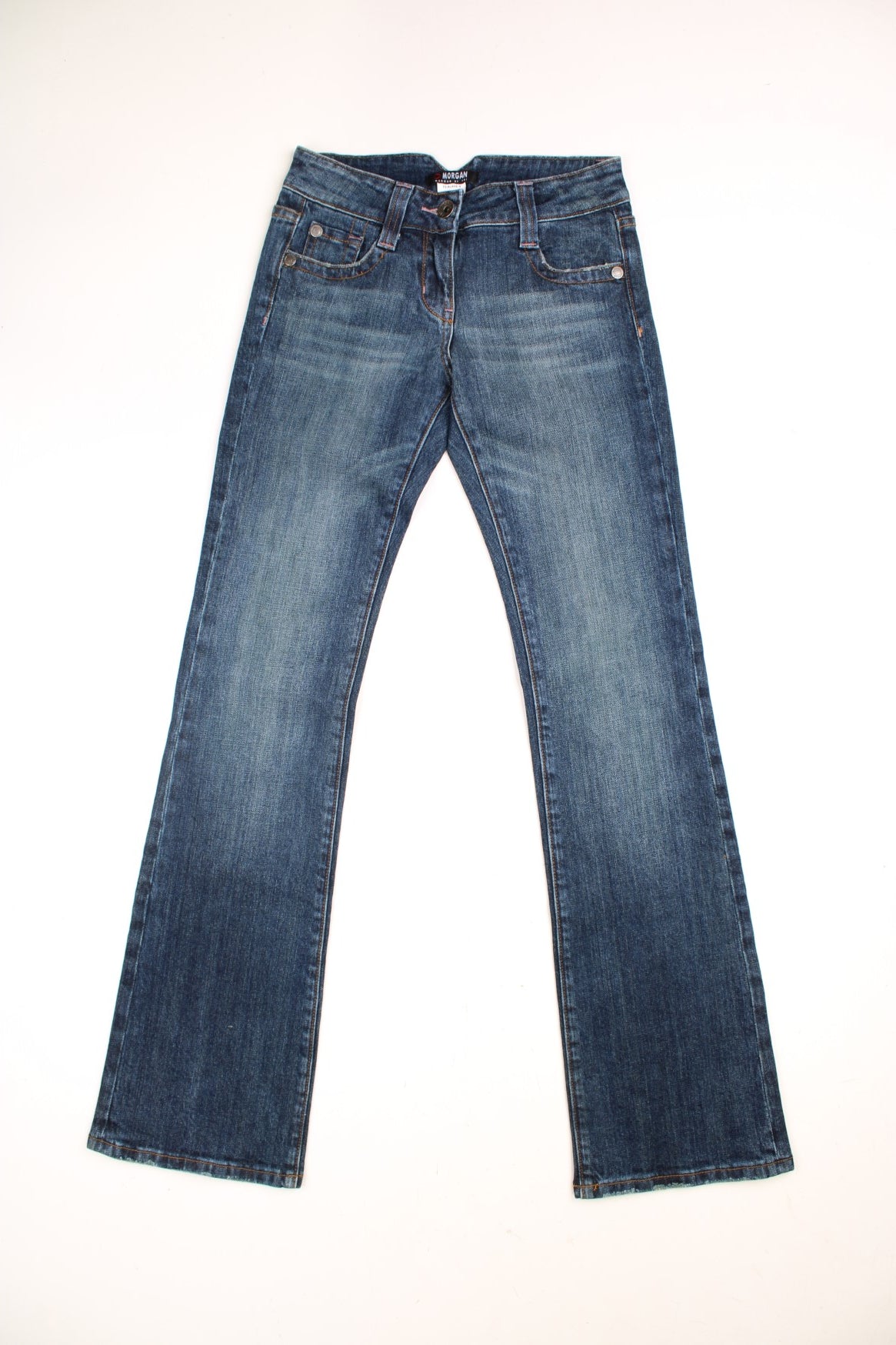 Y2K Morgan Jeans in a dark blue denim wash, low waisted with flares, has multiple pockets and &