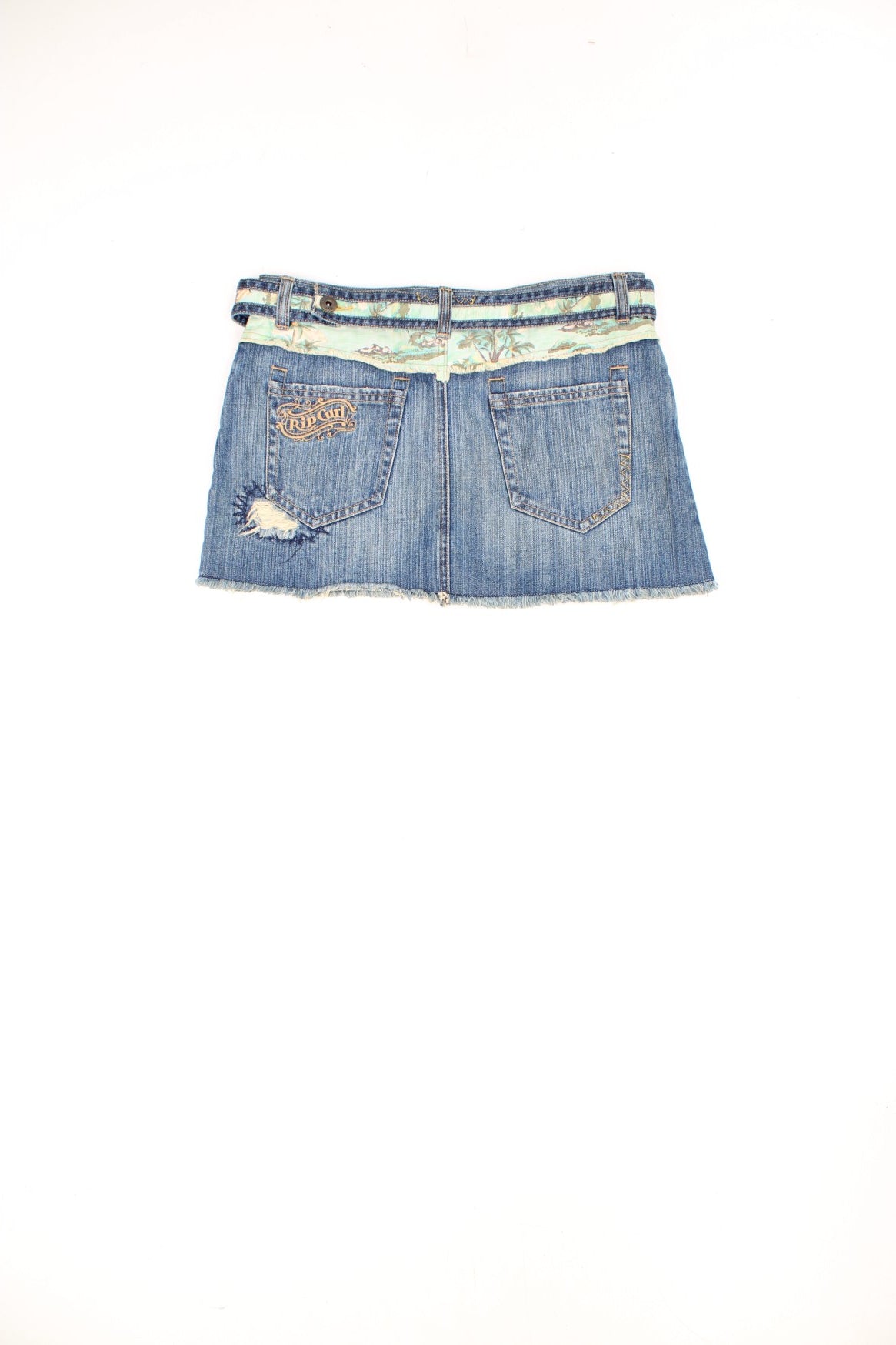 Vintage Rip Curl denim mini skirt with embroidered logo on the back pocket and tie waist fastening. 