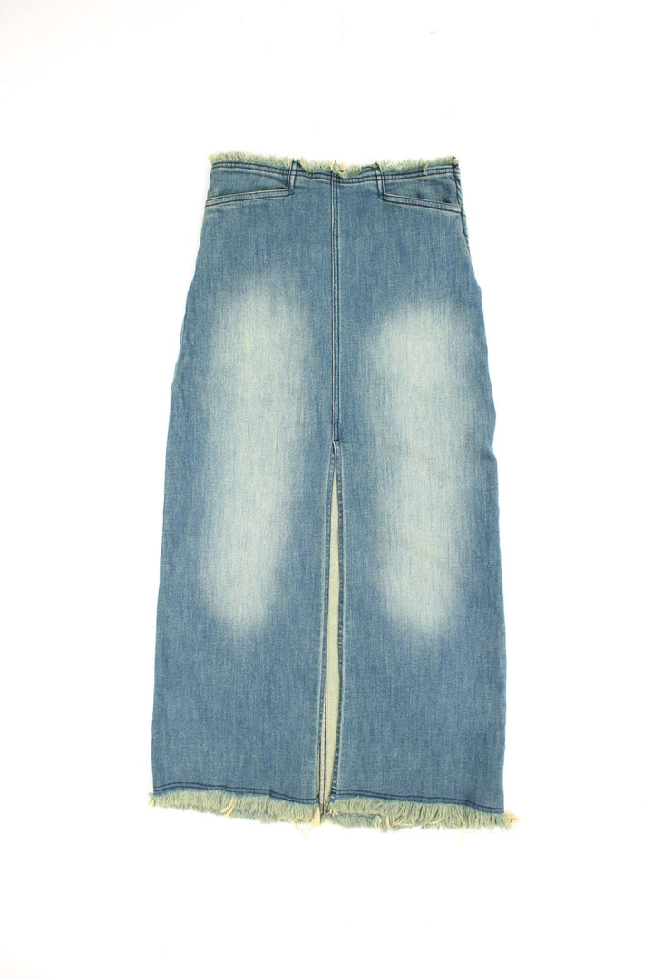 Basic Pleasure Mode denim maxi skirt with with frayed hem and waistband, slit up the front, side zip fastening and embroidered logo on the pocket.