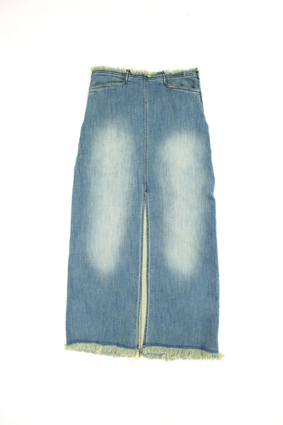 Basic Pleasure Mode denim maxi skirt with with frayed hem and waistband, slit up the front, side zip fastening and embroidered logo on the pocket.