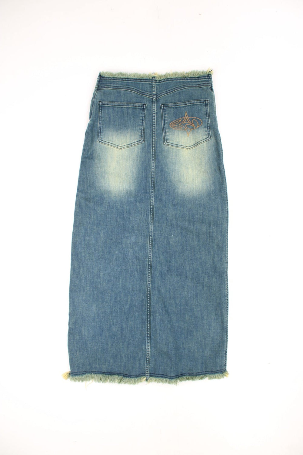 Basic Pleasure Mode denim maxi skirt with with frayed hem and waistband, slit up the front, side zip fastening and embroidered logo on the pocket.