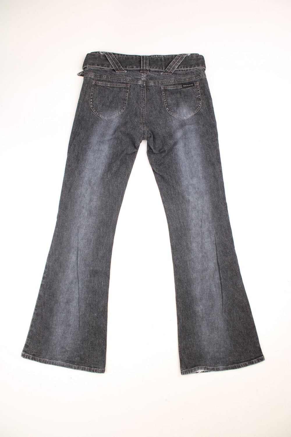 River Island Y2K Belt Jeans in a grey colourway with gliter beads down the front, has back pockets and a big belt going around the waist.