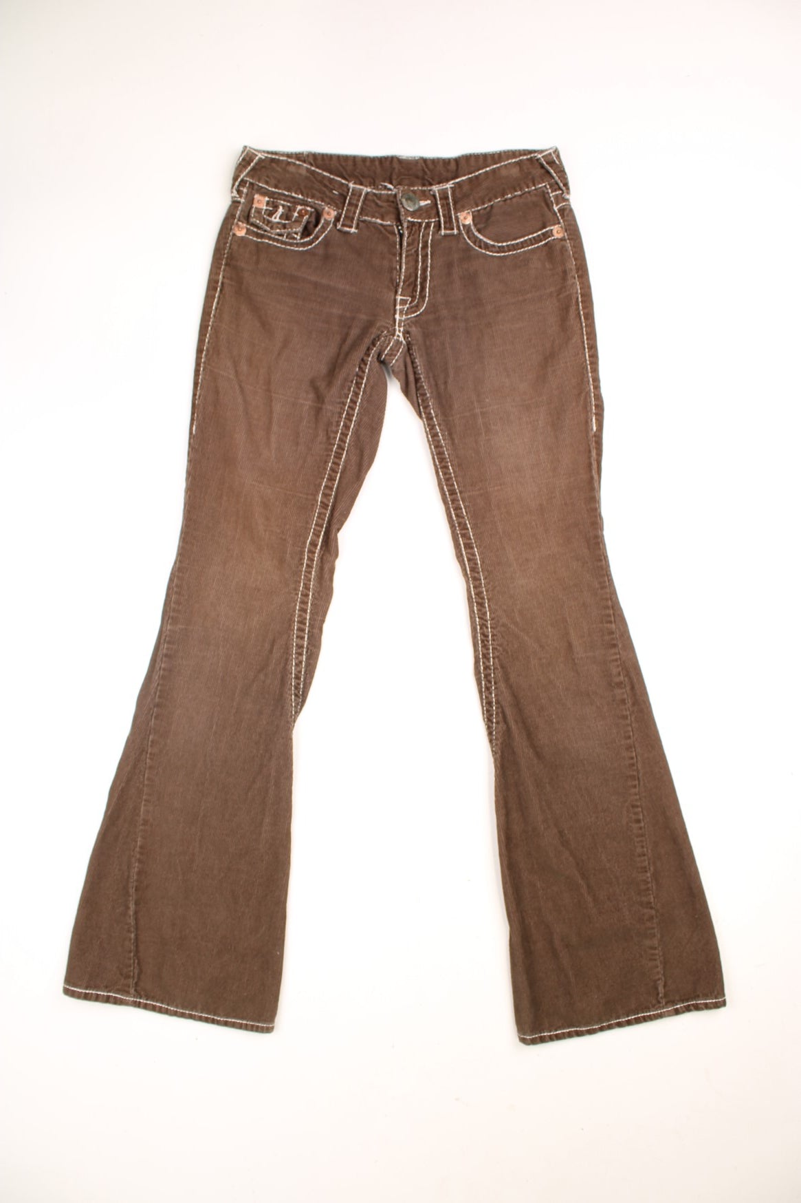 Y2K True Religion Corduroy Trousers in a brown colourway with cross stitiching throughout, multiple pockets, and the logo embroidered on the back. 