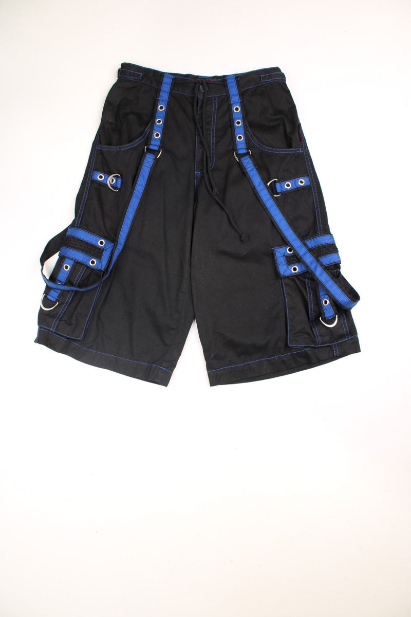 Tripp NYC Rave Shorts in a black and blue colourway with multiple pockets, and has straps going all around the shorts.