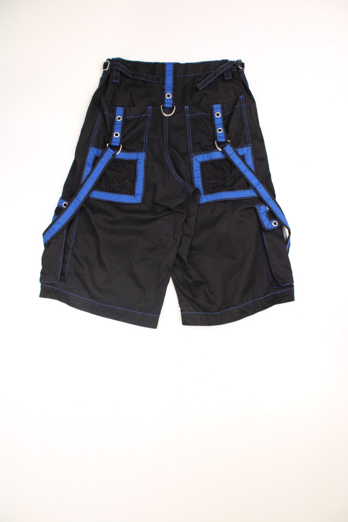 Tripp NYC Rave Shorts in a black and blue colourway with multiple pockets, and has straps going all around the shorts.