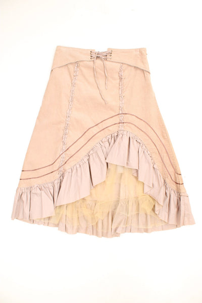 Vintage Bay, cord midi skirt with ruffle/netting hem, belt waistband, side zip fastening and ruffle/satin detailing on the front.