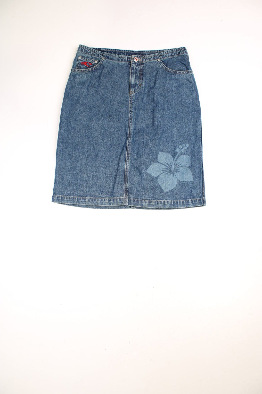 O'Neil Floral Denim Midi Skirt in a blue colourway with a flower embroidered on the front. 