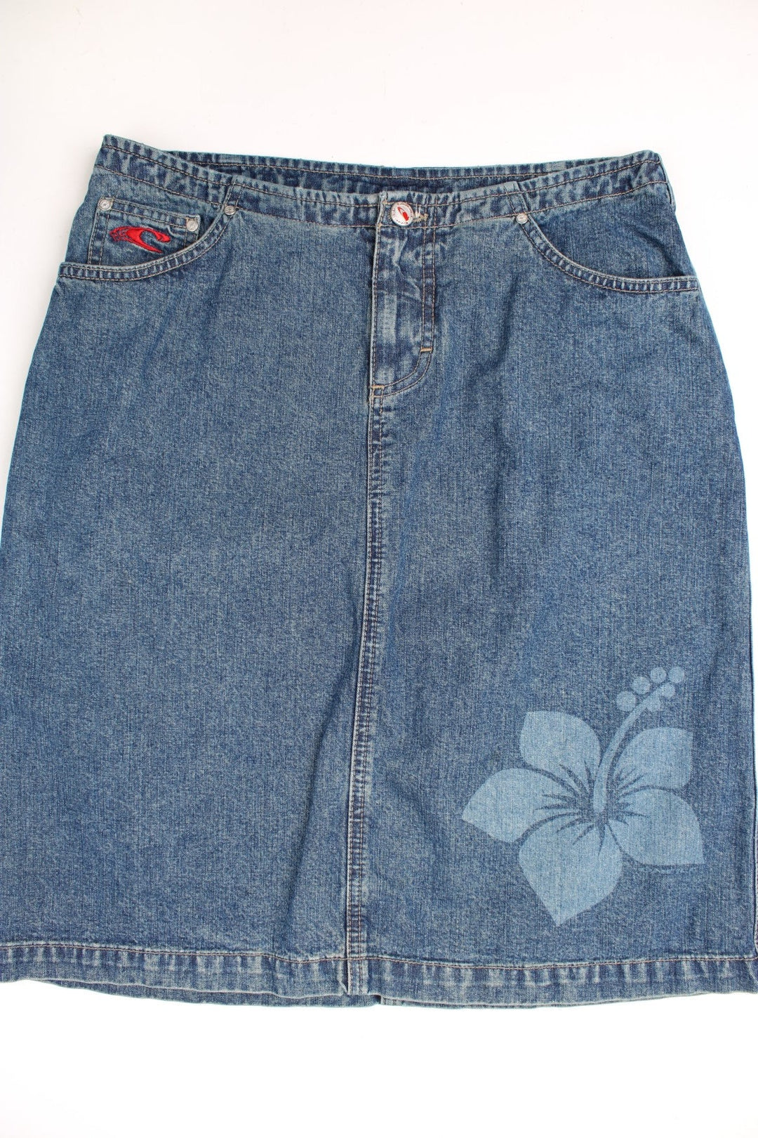 O'Neil Floral Denim Midi Skirt in a blue colourway with a flower embroidered on the front. 