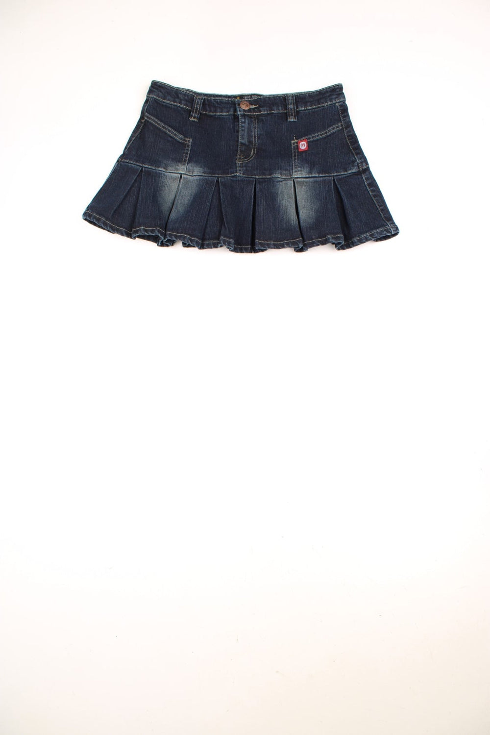 Y2K Mini Skirt in a dark blue denim colourway with 'Don't Touch' printed in gold across back.