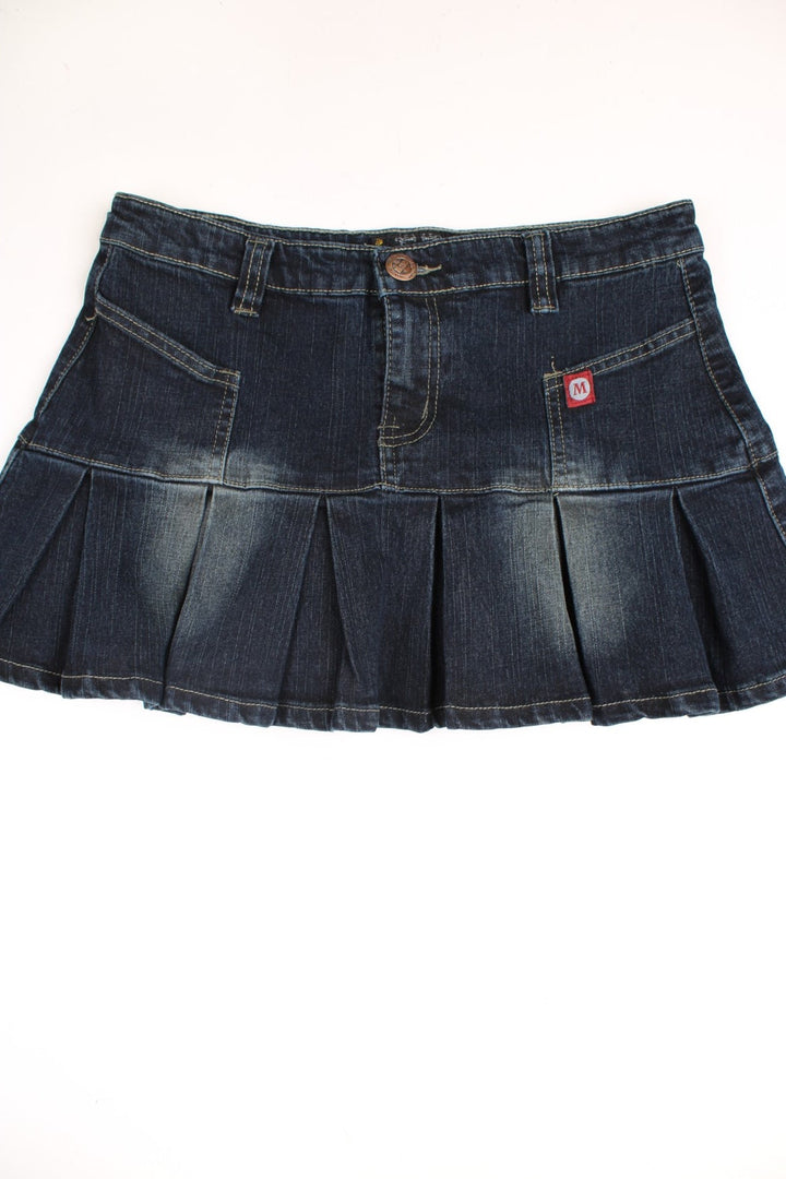 Y2K Mini Skirt in a dark blue denim colourway with 'Don't Touch' printed in gold across back.