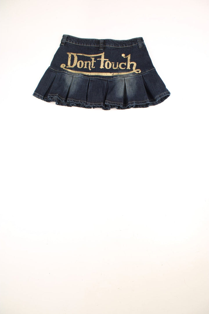 Y2K Mini Skirt in a dark blue denim colourway with 'Don't Touch' printed in gold across back.