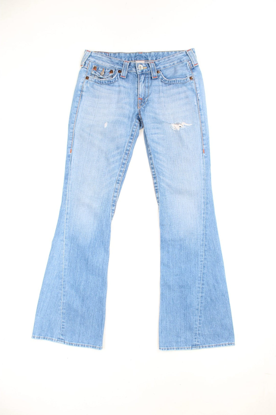 Vintage Y2K True Religion blue low rise flared jeans with orange contrast stitching. 