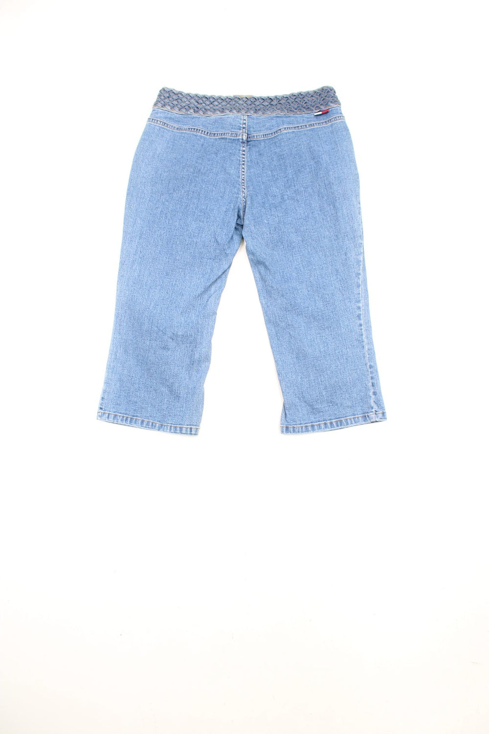 Tommy Hilfiger, Tommy Jeans capri blue denim jeans with statement waistband and embroidered logo.